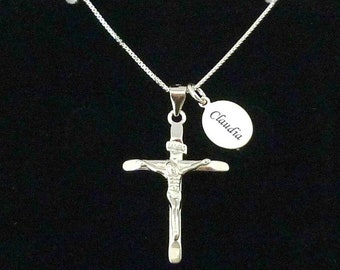 Sterling Silver Crucifix on Chain, Cross Necklace with Personalised Engraved Tag