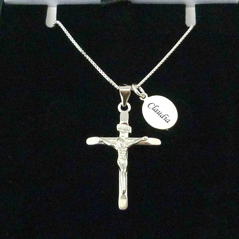 Crucifix cross and chain necklace, Sterling silver with an engraved silver oval tag which will hang next to the cross