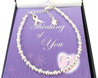 Sympathy Gift Bracelet, 925 Sterling Silver, Silver beads and Awareness Ribbon, Memorial, Gift Boxed