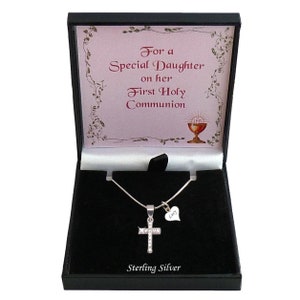 Personalised 925 Sterling Silver Cross Necklace, Gift for a Girl's First Holy Communion Day. Cross Pendant with Cubic Zirconia.