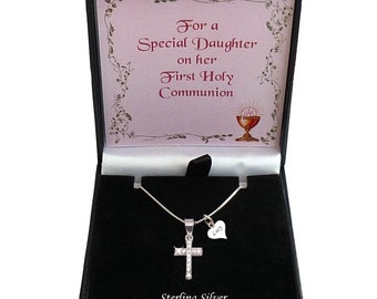 Personalised 925 Sterling Silver Cross Necklace, Gift for a Girl's First Holy Communion Day. Cross Pendant with Cubic Zirconia.