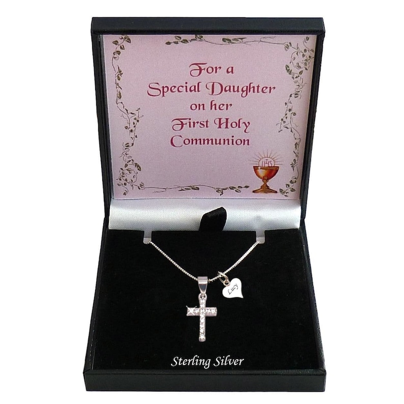 Personalisierte 925 Sterling Silber Kreuz Halskette, Geschenk für den ersten heiligen Kommunion Tag eines Mädchens. Kreuz Anhänger mit Cubic Zirkonia. Bild 1