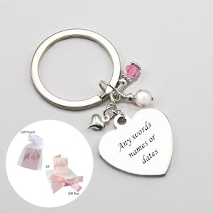 Heart Key Ring, Birthstone & Pearl with Free Engraving. Personalised Gift.