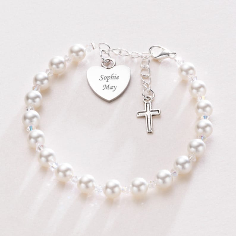 Engraved First Holy Communion Bracelet with Cross Charm for Girls image 3