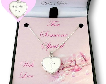 925 Silver Heart Locket with Cross for Christening, Baptism, First Holy Communion, Gift Boxed for Daughter, Goddaughter, Granddaughter etc