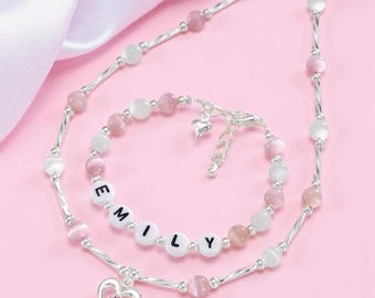 Any Name Children&#39;s Princess Jewellery Set Personalised, for Girls. Necklace and Bracelet Set. Pink, White, Blue, Lilac, Purple,Many Colours