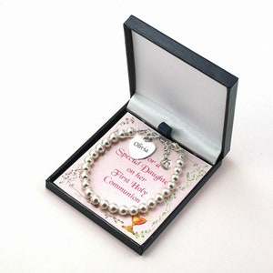 Pulsera personalizada de Primera Comunión con tarjeta de regalo para hija, ahijada, etc.