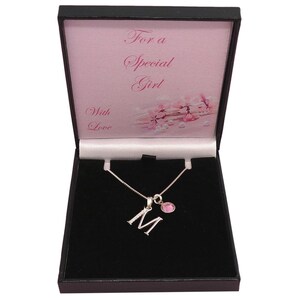 Collar de canal con letras y piedras de nacimiento de plata 925 para niñas, regalo para nieta, sobrina, mamá, niñera, mamá, hermana, nieta, etc.