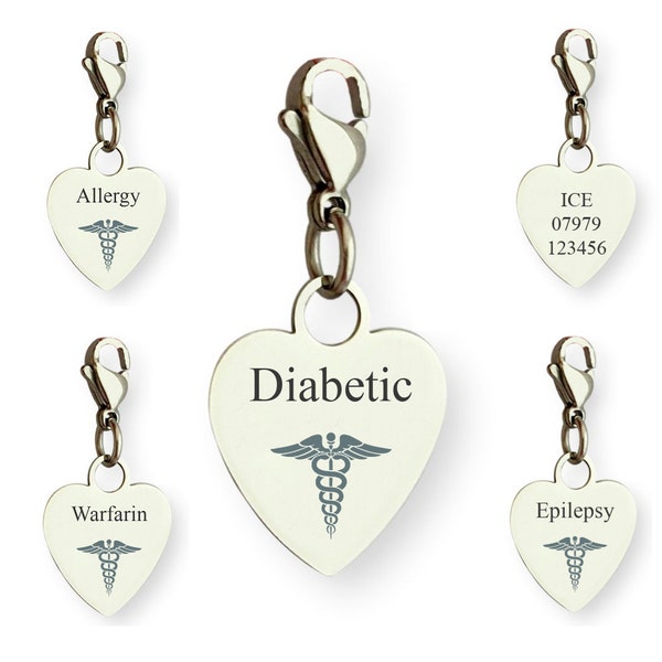 Medical Charm, Personalised Engraving! SOS, Alert, Diabetes Type 1 or Type 2, Allergy, Epilepsy, Warfarin, Blood Thinners, Heart Disease,