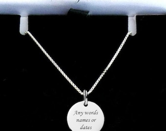 Engraved Sterling Silver Necklace with Round Disc Pendant and Any Personalised Engraving for Women and Girls