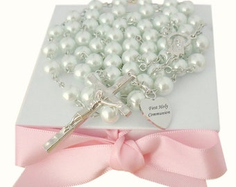 Personalised Rosary, First Holy Communion,  Engraved Pearl Rosaries, Any Name, Date etc