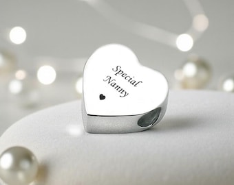 Engraved 'Special Nanny' Heart Charm Bead, Snake Chain Compatible