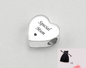 Engraved Special Mum Bead for Snake chains. Heart Charm Bead. Personalised Gift for Mum. European Charm.