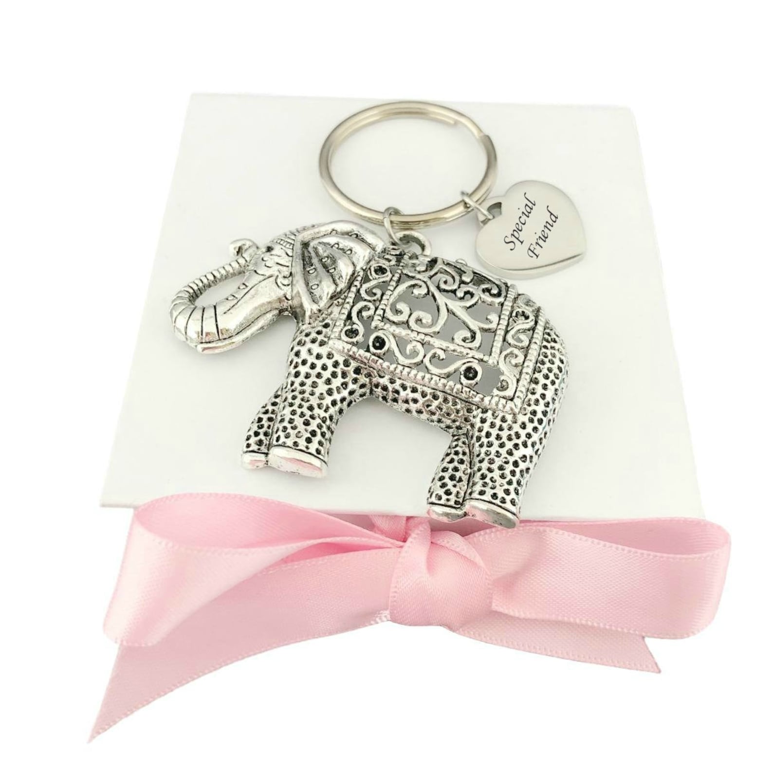 Ornate Elephant Key Ring With Engraving on Heart Charm Etsy