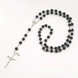 Black Pearl Rosary Beads Personalised with Engraved Tag. Boy&#39;s First Holy communion Gift.
