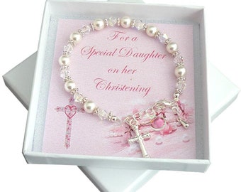 Bracelet de baptême pour fille, perles, breloque croix et pierre de naissance, cadeau pour une fille spéciale, une fille, une filleule, une petite-fille, etc.