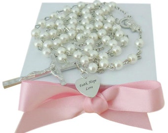 Personalised, High Quality Glass Pearl Rosary, Engraved Heart attached to the Rosary, Any Name, First Communion or Baptism Gift