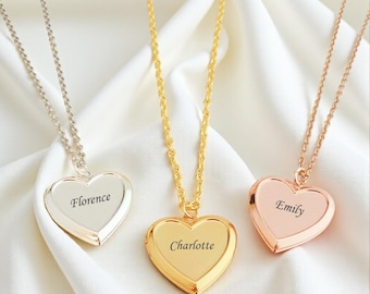 Collier médaillon avec n'importe quel nom gravé sur le coeur articulé, or rose, argent ou or jaune pour femme ou fille