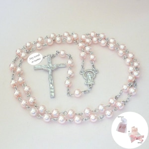 Personalised Rosary for Children, Smaller Pearls in Pale Pink. Free Engraving.