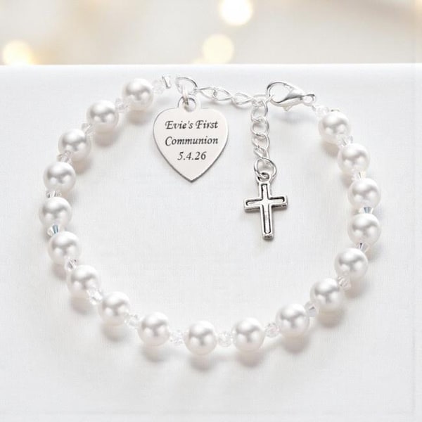 Erstkommunion Armband mit Kreuz Anhänger für Mädchen, Weiße Perlen und Silber Kreuz, Geschenk für das Patenkind, Tochter, Nichte