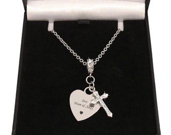 Silber Stahl Kreuz & Herz Halskette mit personalisierter Gravur, Geschenk für Taufe, Konfirmation, Erstkommunion, christlicher Schmuck