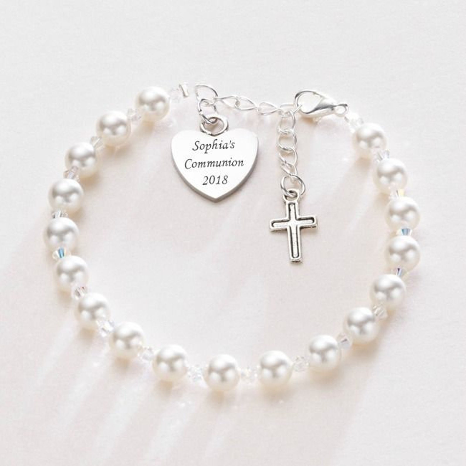 Engraved First Holy Communion Bracelet with Cross Charm for Etsy