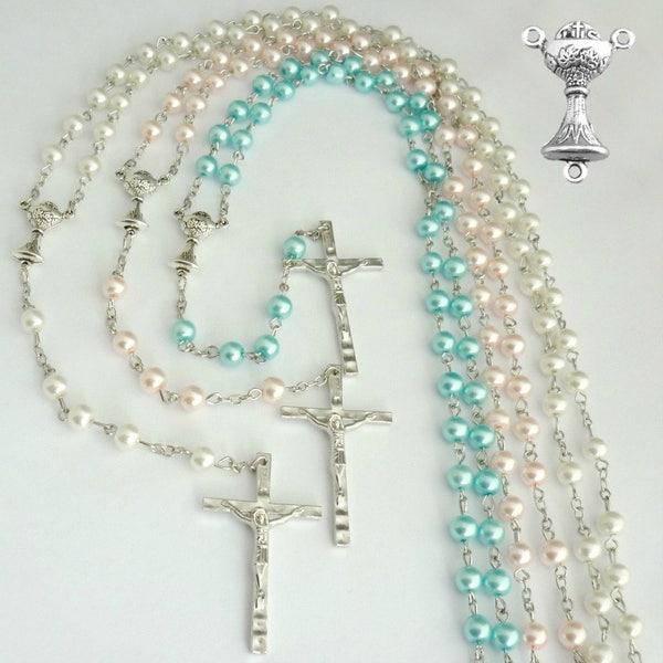 High Quality Rosary Beads for Children with Chalice Centrepiece. White, Pale Pink or Turquoise. First Holy Communion Day Gift.