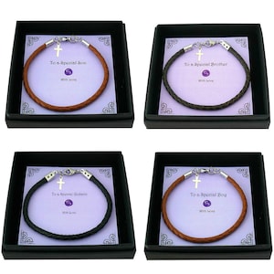 Boys Leather Bracelet with Cross Charm for First Communion, Baptism or Christening in a Gift Box