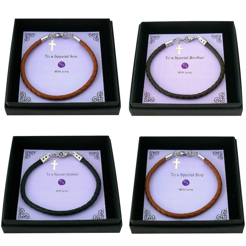 Boys Leather Bracelet with Cross Charm for First Communion, Baptism or Christening in a Gift Box