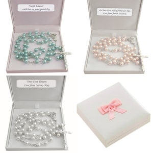 Pearl Rosary Beads in White, Turquoise, Pale Pink, Personalised Gift Box. Engraving. Smaller 6mm Pearls for Girls, Boys, First Communion.
