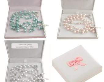 Pearl Rosary Beads in White, Turquoise, Pale Pink, Personalised Gift Box. Engraving. Smaller 6mm Pearls for Girls, Boys, First Communion.