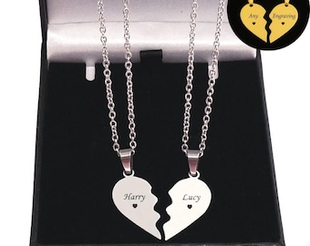 Engraved Half Heart Necklaces, Split Heart, Two Parts of One Heart, Personalised with Engraving. For Women, Girls, Couples. Silver, Gold.