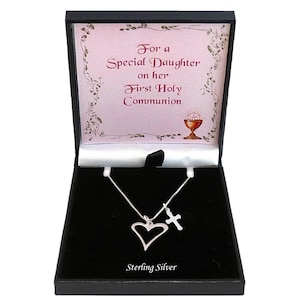 925 Sterling Silver Cross and Heart Necklace, Girls First Holy Communion Day Gift for Daughter, Granddaughter, Niece, Goddaughter