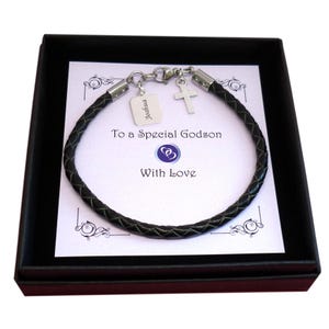 Engraved, Personalised Leather Bracelet with Cross, Gift for Godson,Son, Uncle, Brother, Grandson or Nephew. First Communion, Confirmation