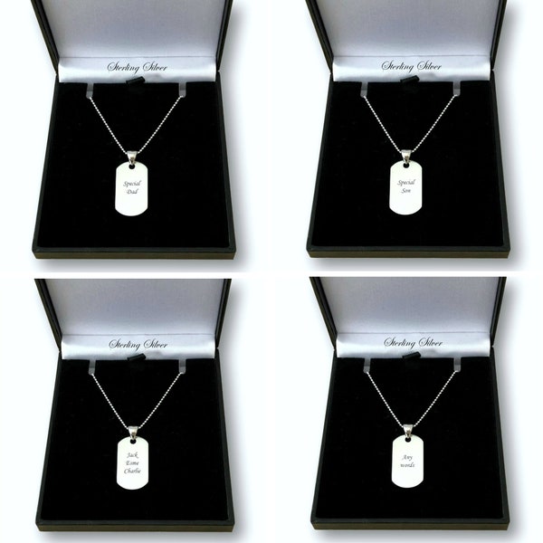 Sterling Silver Engraved Small Dogtag Necklace Personalised Jewellery Dog Tag for Men or Boys.