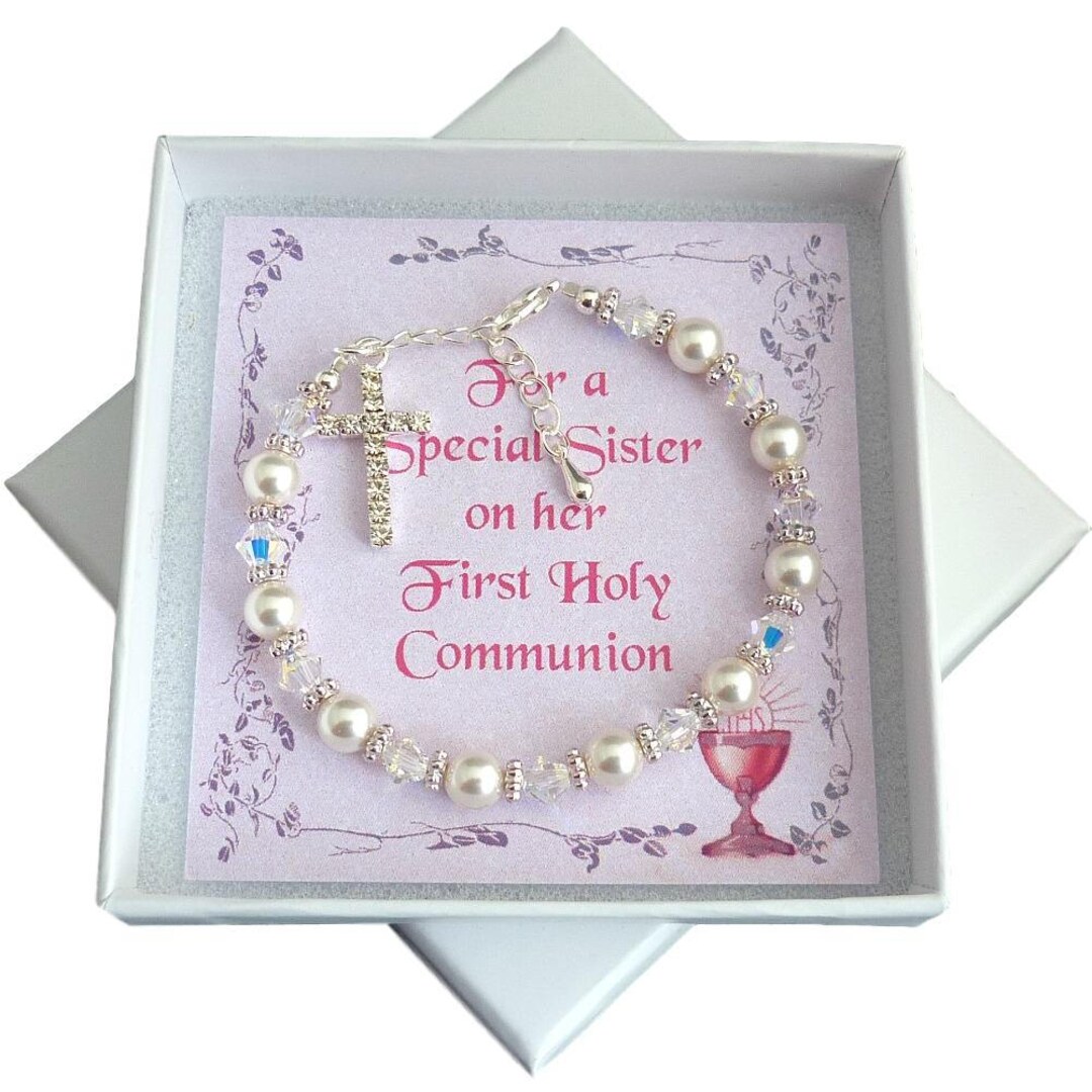 First Communion bracelet with crystal flower beads,chalice and cross - Gift  Shop - Saint Joseph's Oratory of Mount-Royal