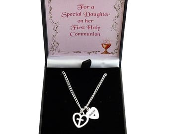 Girls Personalised First Holy Communion Necklace, Gift Boxed, Engraved Heart Tag. Any Engraving, Cross in Heart Pendant on Chain.