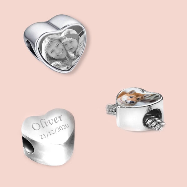 Foto Herz Charm Bead mit beliebigem Foto UND Gravur. Personalisierte Perle.