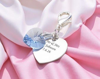 Personalised Something Blue Charm. Engraved Charm, Crystal and Heart. Personalised Gift for the Bride on Wedding Day. Clip On.