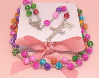 High Quality Multi Coloured Rosary Beads with a Letter Charm, Virgin Mary Centre and Crucifix Cross. Catholic gift for girl. Christian.