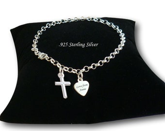 Bracelet en argent sterling avec croix et plaque en argent personnalisée, gravé, personnalisé, baptême, première communion, cadeau de confirmation