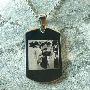 Engraved Photo Necklace, Personalised Dogtag Necklace for a Man or Boy. Any Engraving on the back.