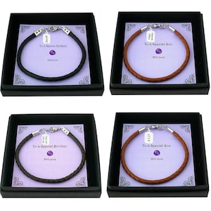 Pulsera de cuero grabada y personalizada en caja de regalo de presentación para papá, padre, hijo, tío, hermano, nieto, sobrino, etc. Negro, marrón
