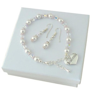 Pearl and Crystal AB Bracelet and Earrings set for Bridesmaid. Many Pearl Colours. High Quality, Bracelet features a pretty silver heart charm inscribed with Bridesmaid with a tiny sparkling crystal.