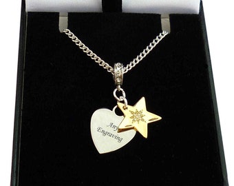 Silver Heart & Gold Star, Collier personnalisé avec gravure, Coffret cadeau, Cadeau gravé