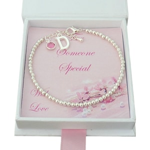 Pulsera con dije de piedra de nacimiento y letra en una caja de regalo especial para mujeres o niñas, regalo de cumpleaños