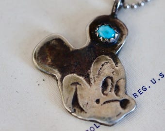 Vintage Navajo Mickey Mouse Necklace | Sterling Silver & Turquoise Pendant | Handmade Disney Jewelry | Rare Old Pawn Collector Gift