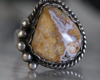 Vintage Navajo Sterling Silver Ring Crazy Lace Agate Druzy Sz 5.5 Triple Split Shank Old Pawn Style Teardrop Boho Southwest Jewelry