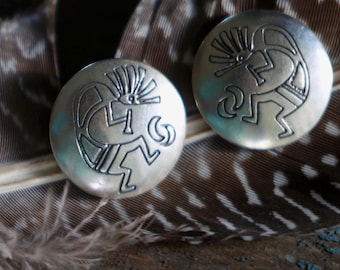 Vintage Navajo Kokopelli Earrings | Sterling Silver Southwest Studs | Hand Stamped Concho Jewelry | Native American Silver Earrings Conchos