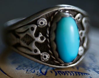 Old Pawn Navajo Sterling Silver Cigar Band Ring with Turquoise Cabochon & Thunderbird Stamp | Fred Harvey Era Vintage Southwest Size 8.25